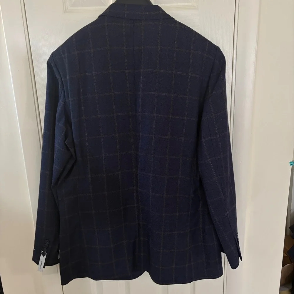 Stafford Mens Navy Windowpane Wool Blend‎ Sport Coat Blazer 46L Classic Fit NEW